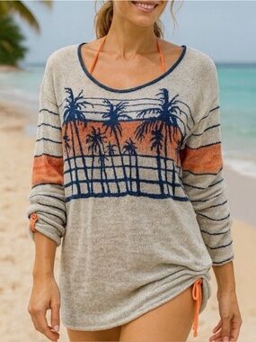 Free People Women's Palm Tree Breeze Knit Ruched Sweater Pullover Top Sunset S